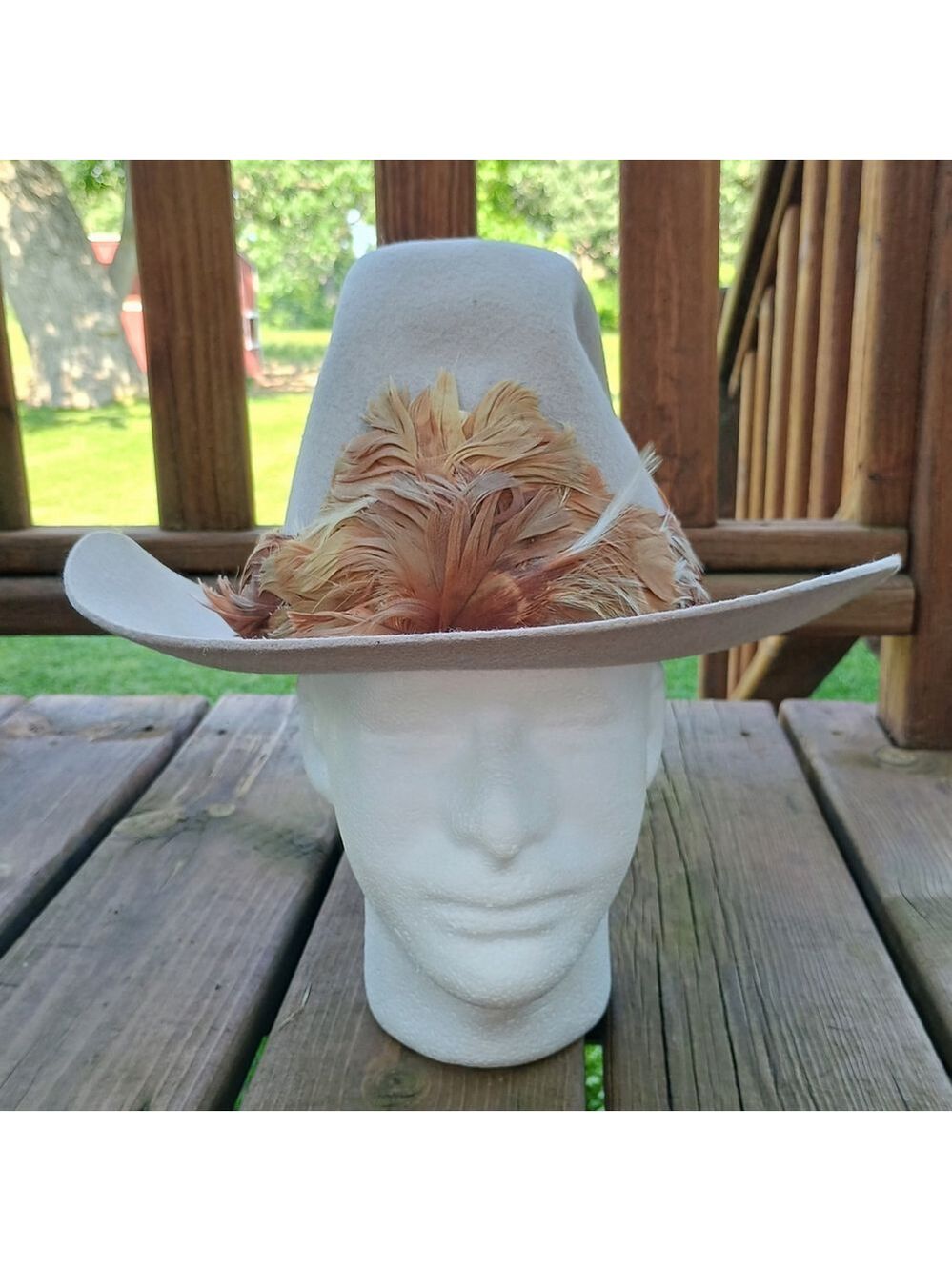 Vintage Bollman USA Range Rider Beige Wool Cowboy Hat W/ Feathers Size Medium